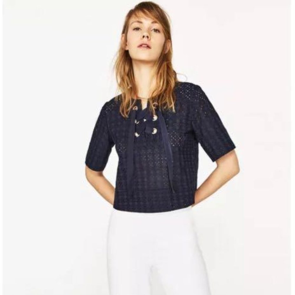 ZARA navy eyelet top